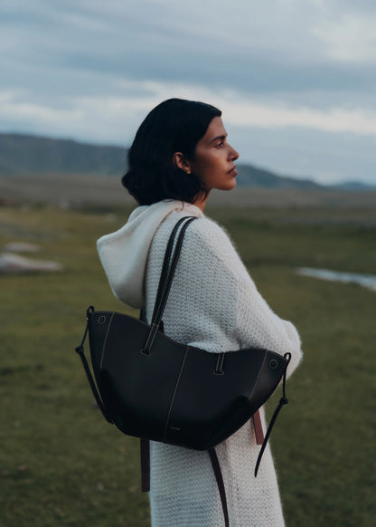 Cyme Mini Textured Black with Ecru Stitching