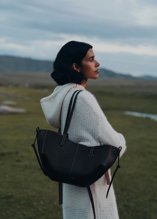 Cyme Mini Textured Black with Ecru Stitching